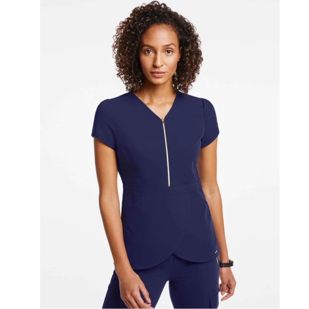 Jaanuu NWT! Signature Navy V-Neck Gold Zip Tulip Top Size S